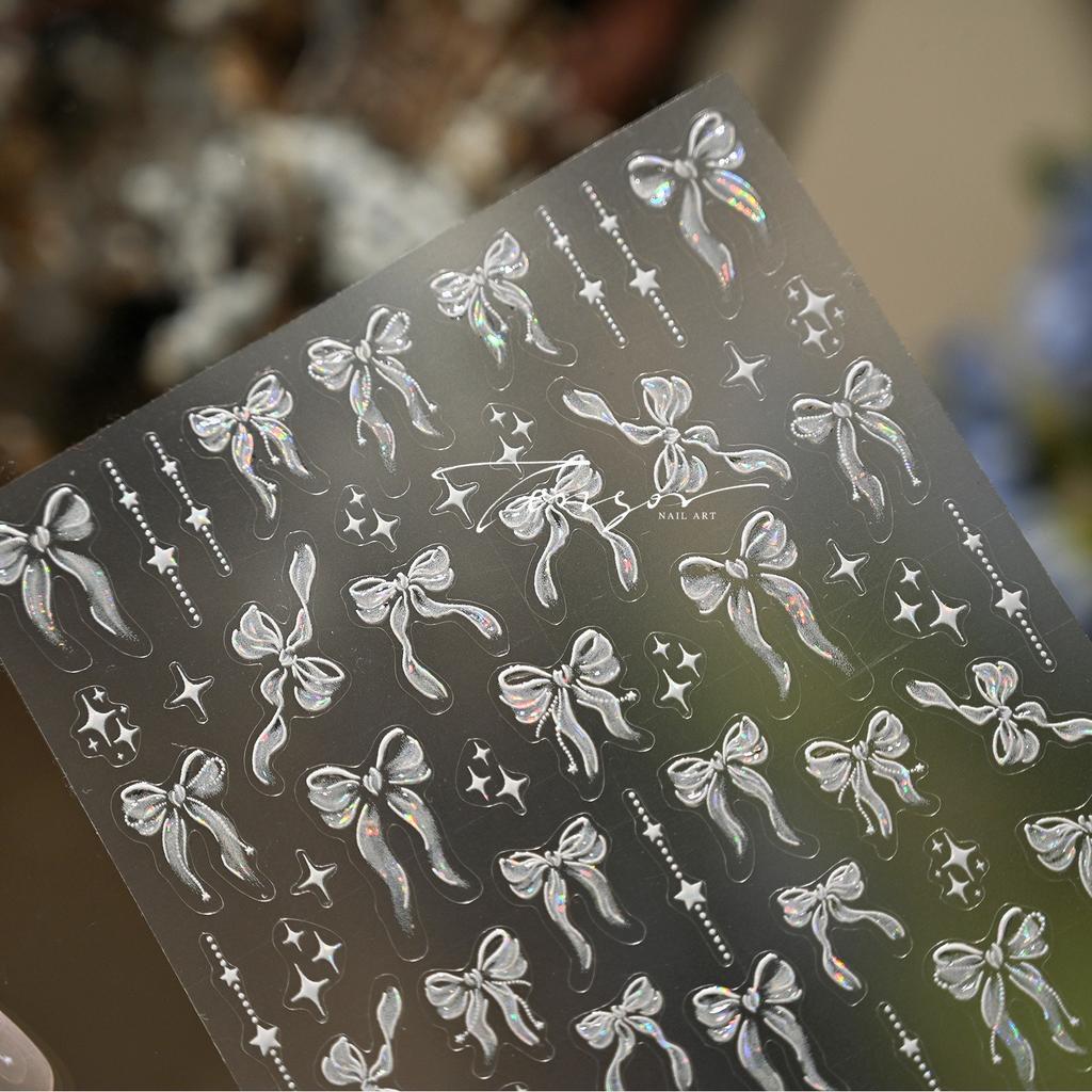Shiny Polarized White Ribbon Bowknot Stars Tassel 3D Self Adhesive Nail Art Stickers Lovely Bow 5D Embossed Manicure Decals