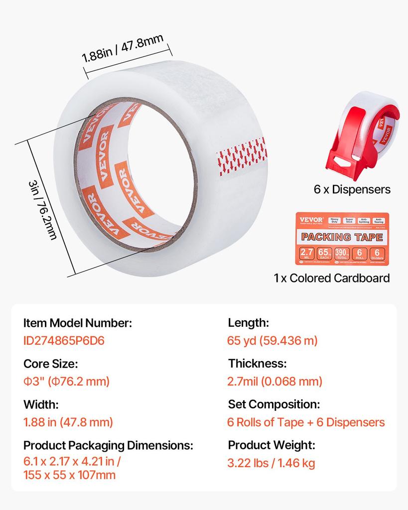 VEVOR Clear Packing Tape, 3 inches Core, 6 Rolls 1.88 Inches x 65 Yards Packing Tape with Dispenser