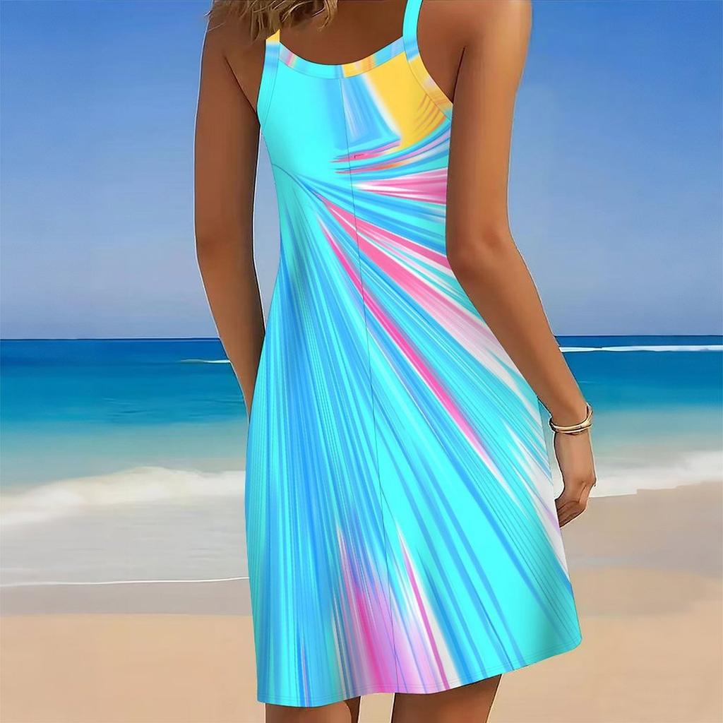 Women Plus Size Scoop Neck Thin Straps Sleeveless Printed Blue Pink Yellow Loose Curved Hem Beach Dress