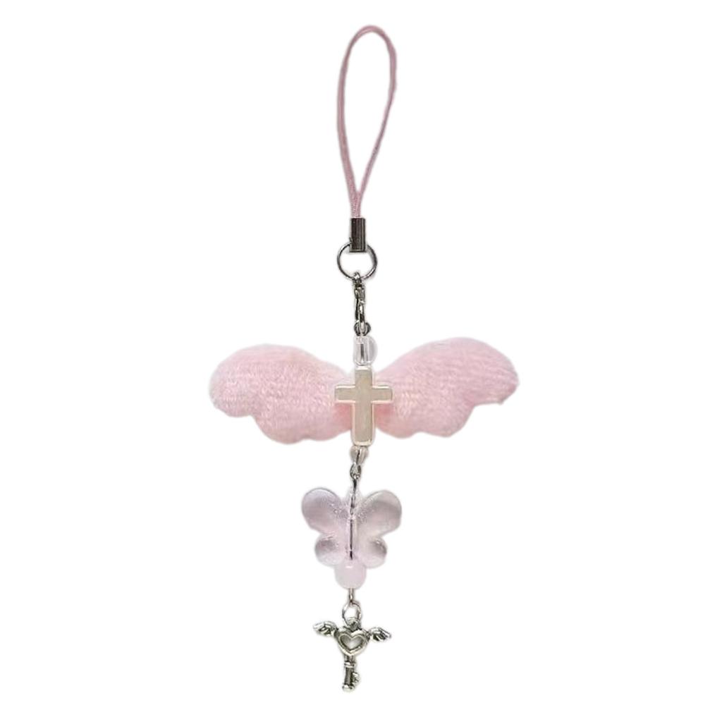 Handmade Angel Wing Phone Pendant Sweet Ribbon Bowknot Keychain Heart Beaded Phone Lanyard Acrylic Keyring Ornament