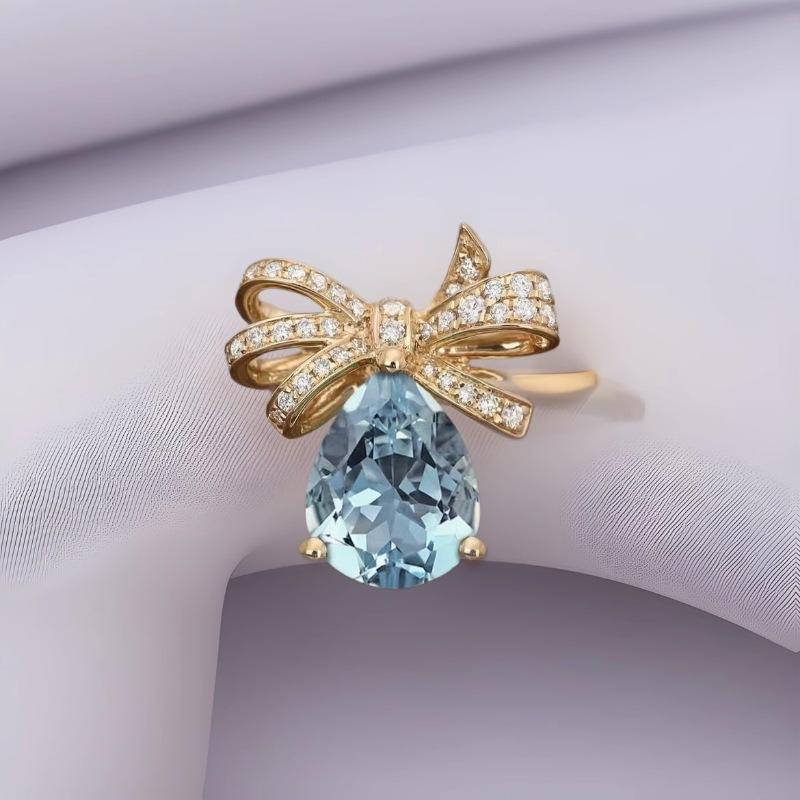 Кольцо-бантик French Light Luxury Temperament, женское, инкрустированное топазом в форме капли воды