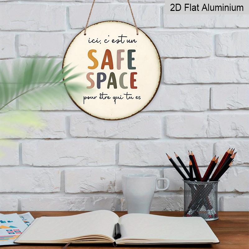 2D Flat, 1pc French-Inspired "Safe Space" Bilingual English/French Aluminum Wall Plaque - 7.87-Inch Round Vintage Sign for Home, Office, Cafe