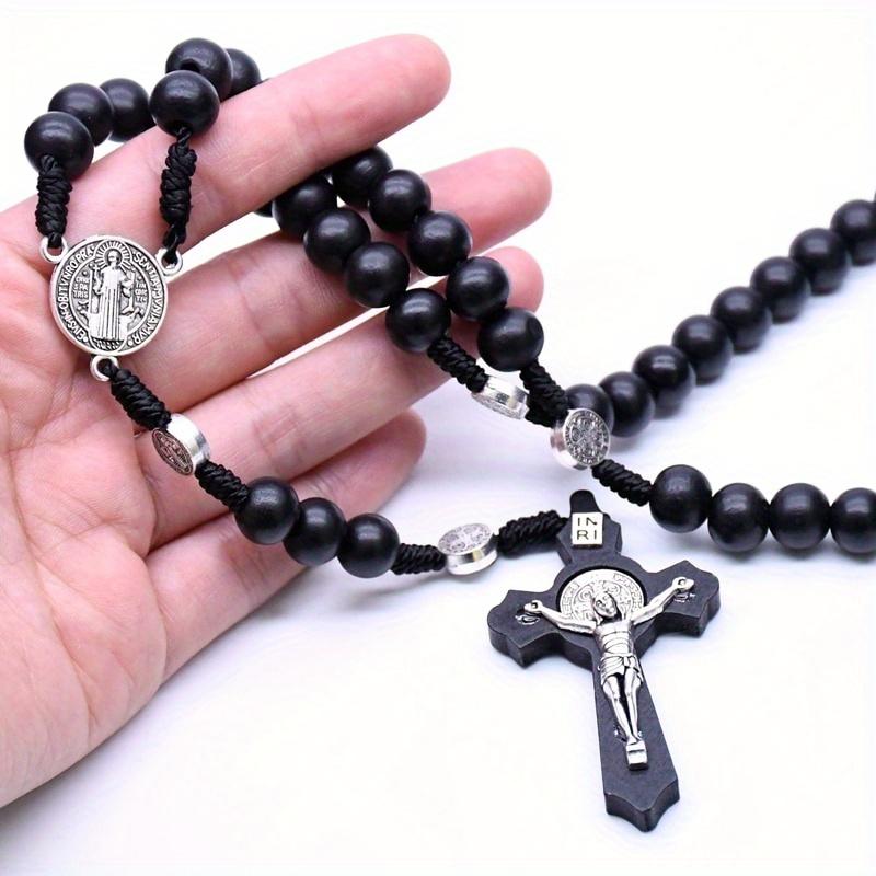 Christ Jesus Wooden Beads Rosary Bead Cross Pendant Woven Rope Chain Necklace Religious Orthodox Praying Jewelry
