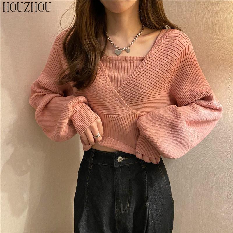 Дизайнерский вязаный свитер, весна-осень, рубашка с квадратным воротником, модный универсальный короткий свитер, топ с объемными рукавами