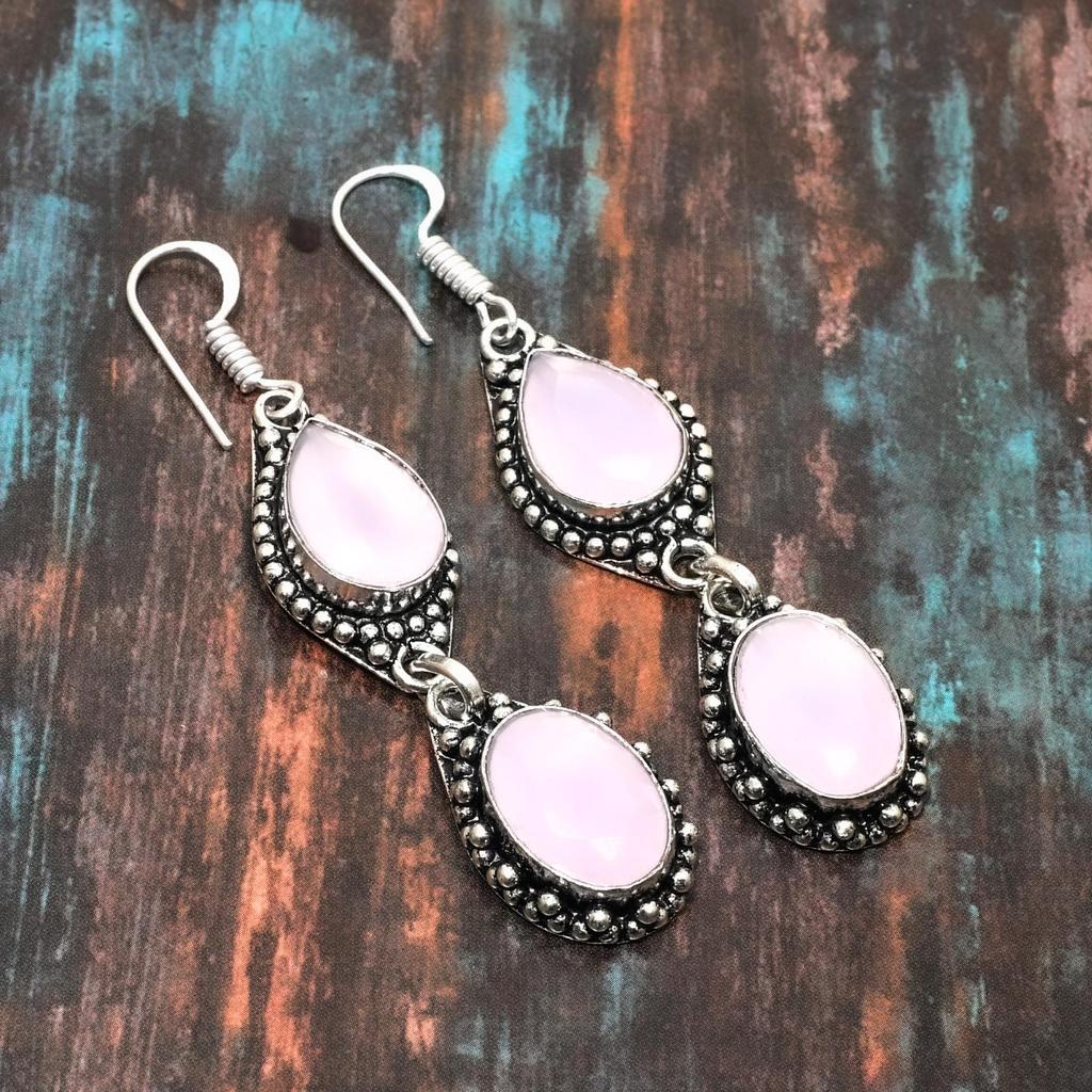 Розовый халцедон драгоценный камень стерлингового серебра 925 пробы ювелирные серьги ручной работы для женщин