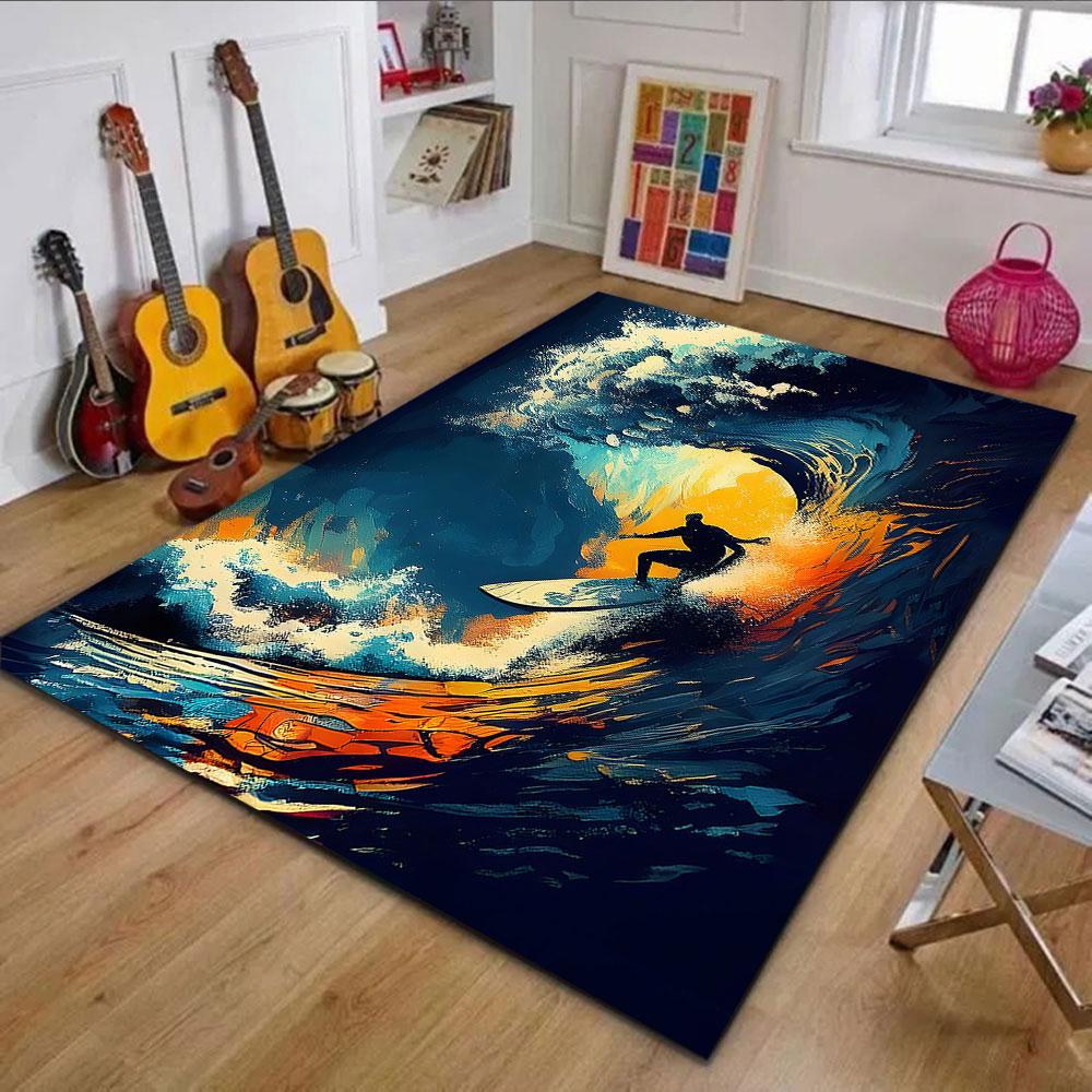 Surfer Riding a Vibrant Wave Patterned carpet, non slip mat suitable for living room and bedroom sofas