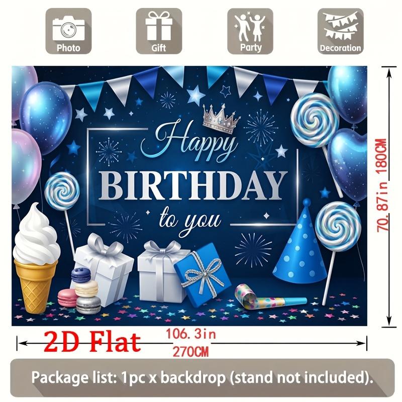 Elegant Navy-Blue Festive Backdrop with Sparkling Stars, Glossy Balloons, Striped Bunting, Lollipops, Ice Cream Cone, Gift Boxes, Party Hat