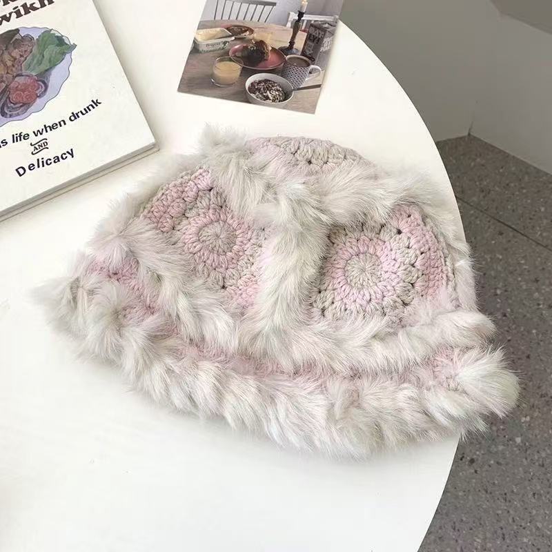 Mao Mao Hat Real Mao Rabbit Plush Fur Hat Versatile Cold-proof Warm Wool Knitted Baotou Hat Women's Winter