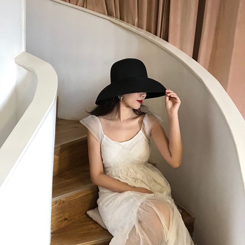 Vintage French Hepburn style hat, black large brim hat, women's summer seaside beach visor, sun hat