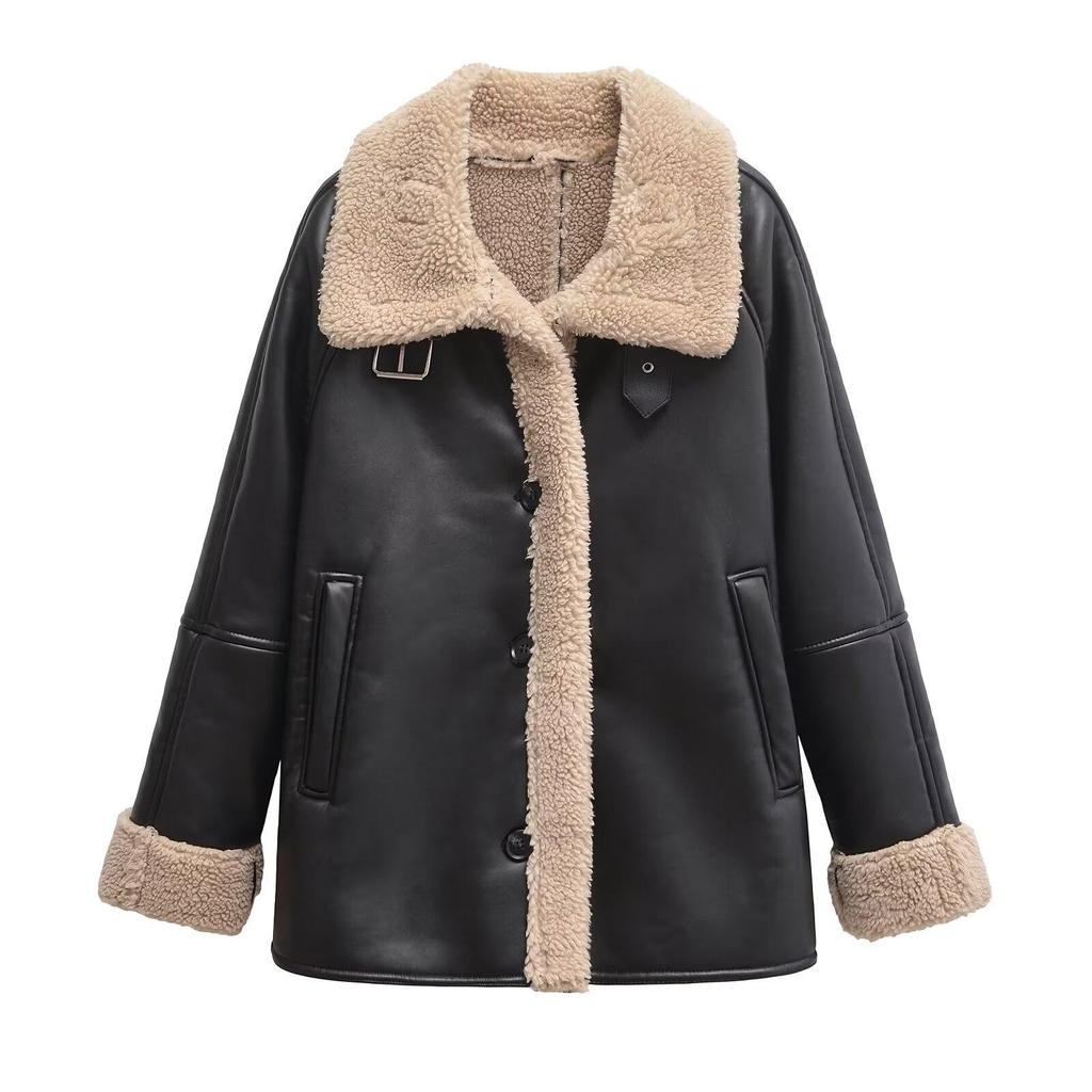 European & American Style Autumn/Winter Color Block Leather & Fur Lapel Jacket - Women’s Casual Motorcycle Coat