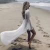 White Bikini Cover Up Sexy Deep V Neck Cutout Lace Backless Dress Cotton Tunic Cardigan Ladies Beach Swimwear Cover Up Q755