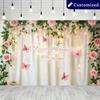 Dreamy Floral Birthday Backdrop, Soft White Curtain Framed by Pink Roses, Vines and Butterflies with Warm Lights, Romantic Party Wall Decor