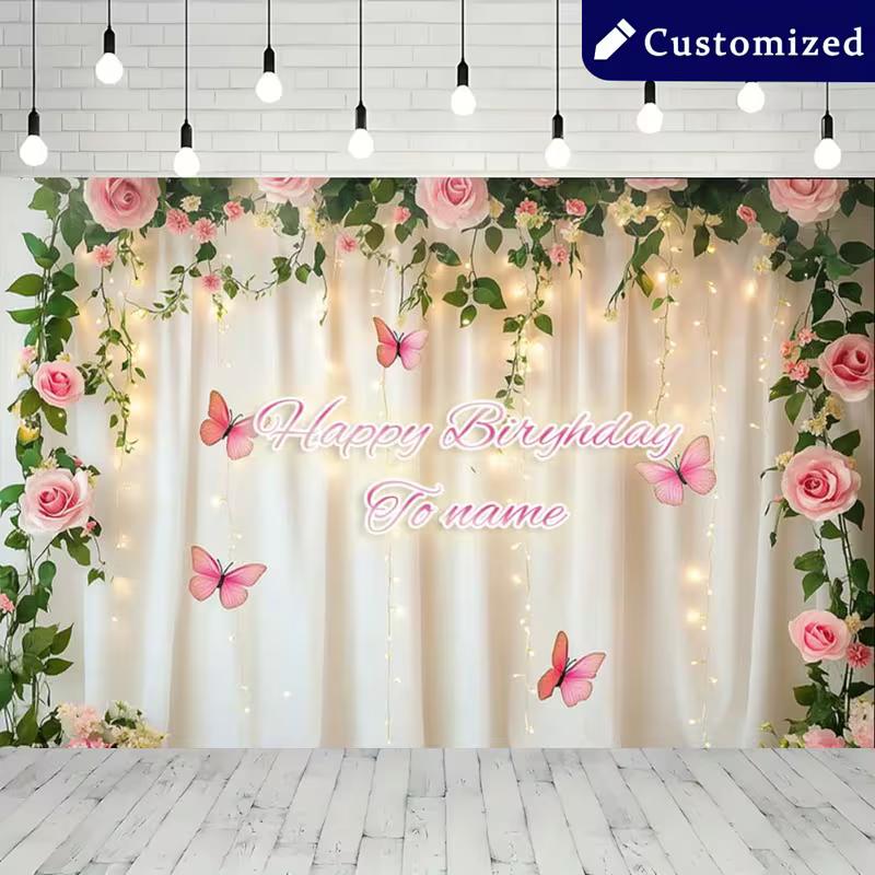 Dreamy Floral Birthday Backdrop, Soft White Curtain Framed by Pink Roses, Vines and Butterflies with Warm Lights, Romantic Party Wall Decor