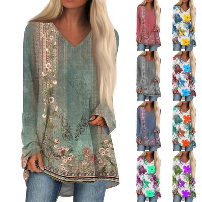 Женская повседневная длинная свободная футболка с длинными рукавами и v-образным вырезом с цветочным принтом