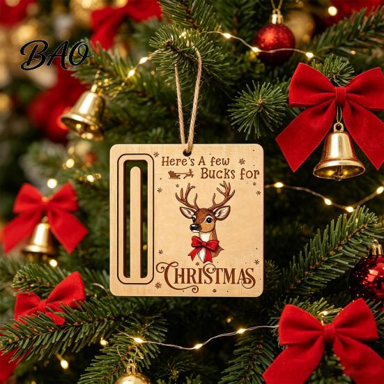 Elk Pattern Xmas Tree Pendants Rustic Santa Reindeer Money Holder Ornament, Wooden Cash Gift Card Holiday Holders Clip with Slot, Christmas