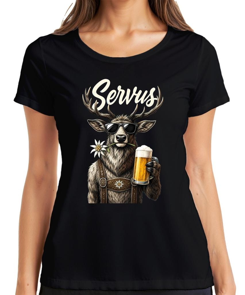 Servus Cool Deer Beer Lederhosen Oktoberfest Dirndl Alps Women's T-Shirt