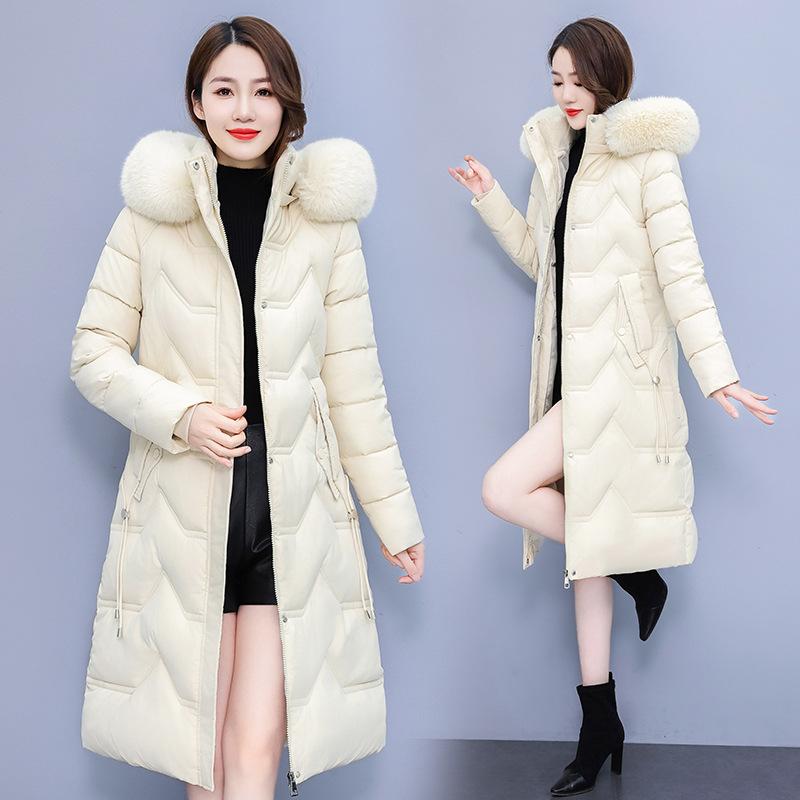 Middle-aged and elderly, big fur collar, hooded cotton-padded clothes for women, long over-knee thickened warm cotton-padded jackets, middle-aged mo