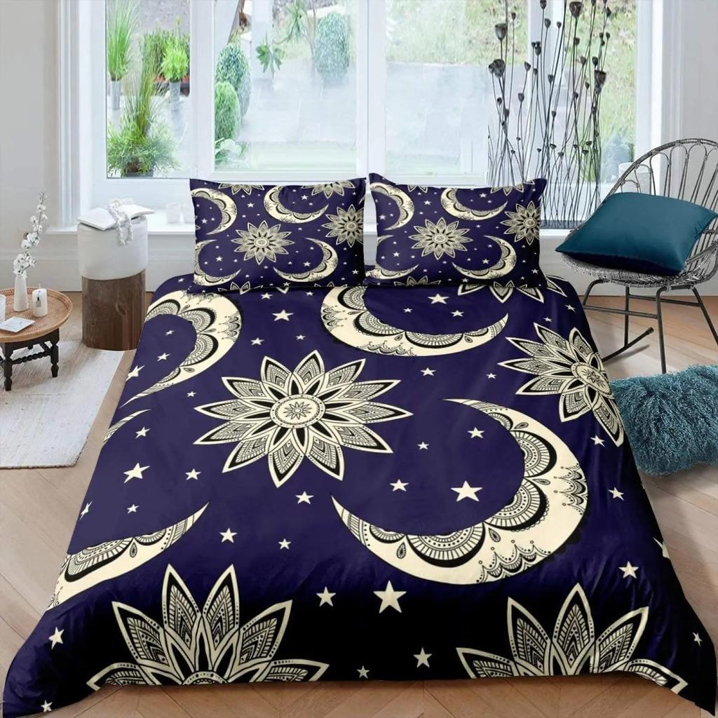 Sun Moon Duvet Cover Set Queen Microfiber Bohemian Black And White Print Yin Yang Comforter Cover Galaxy Star Twin Bedding Set