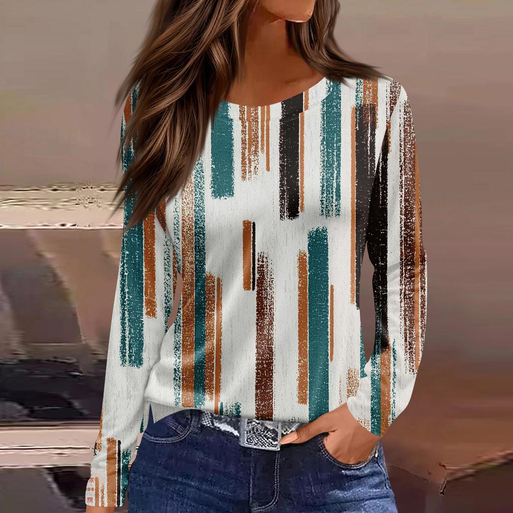 Women's Fashion Casual Slit Hem Round Neck Long Sleeve Loose  Printed T-Shirt Ladies Top