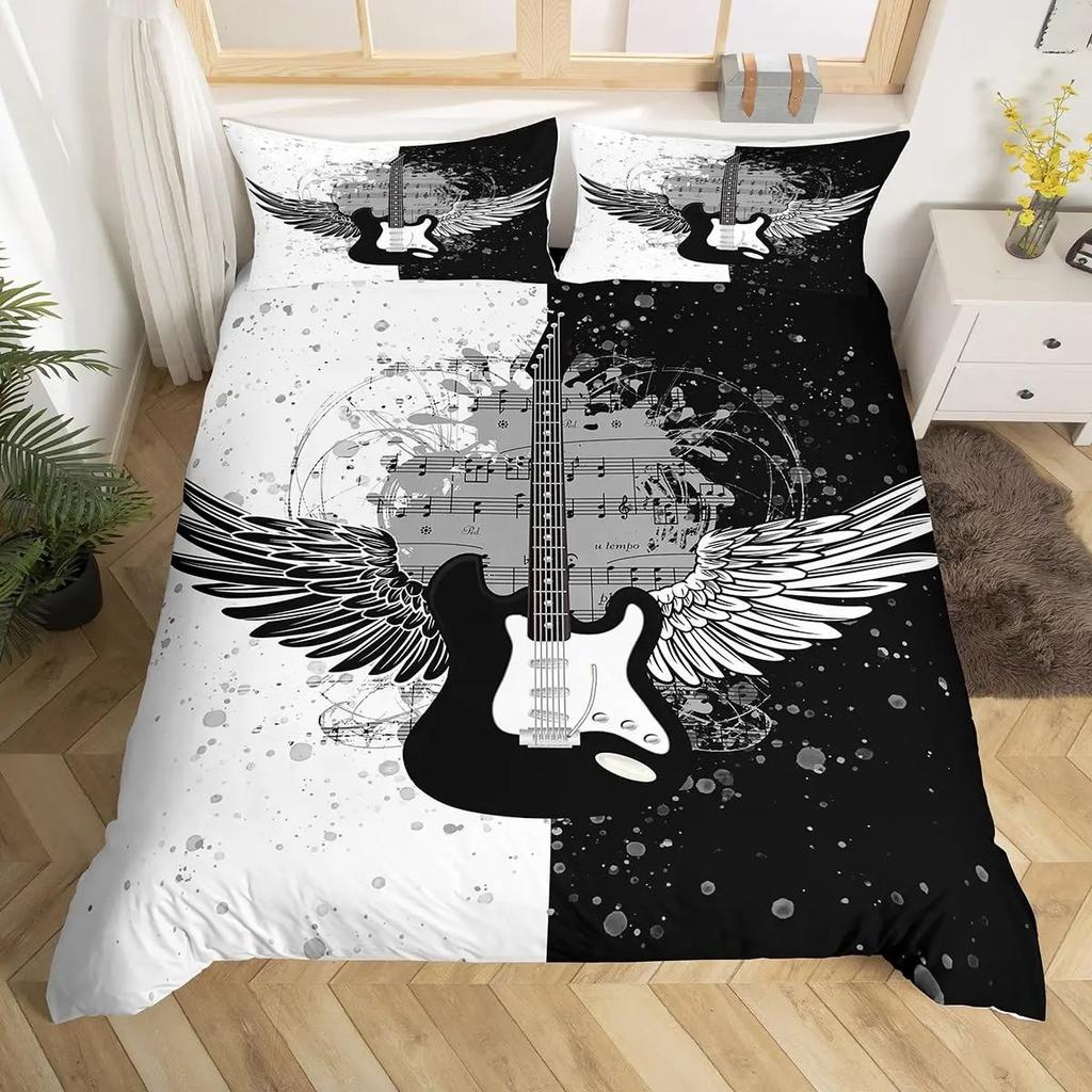 Music Guitar Duvet Cover King Queen Black White and Grey Graffiti Bedding Set Musical Notes Comforter Cover Musical Quilt Cover