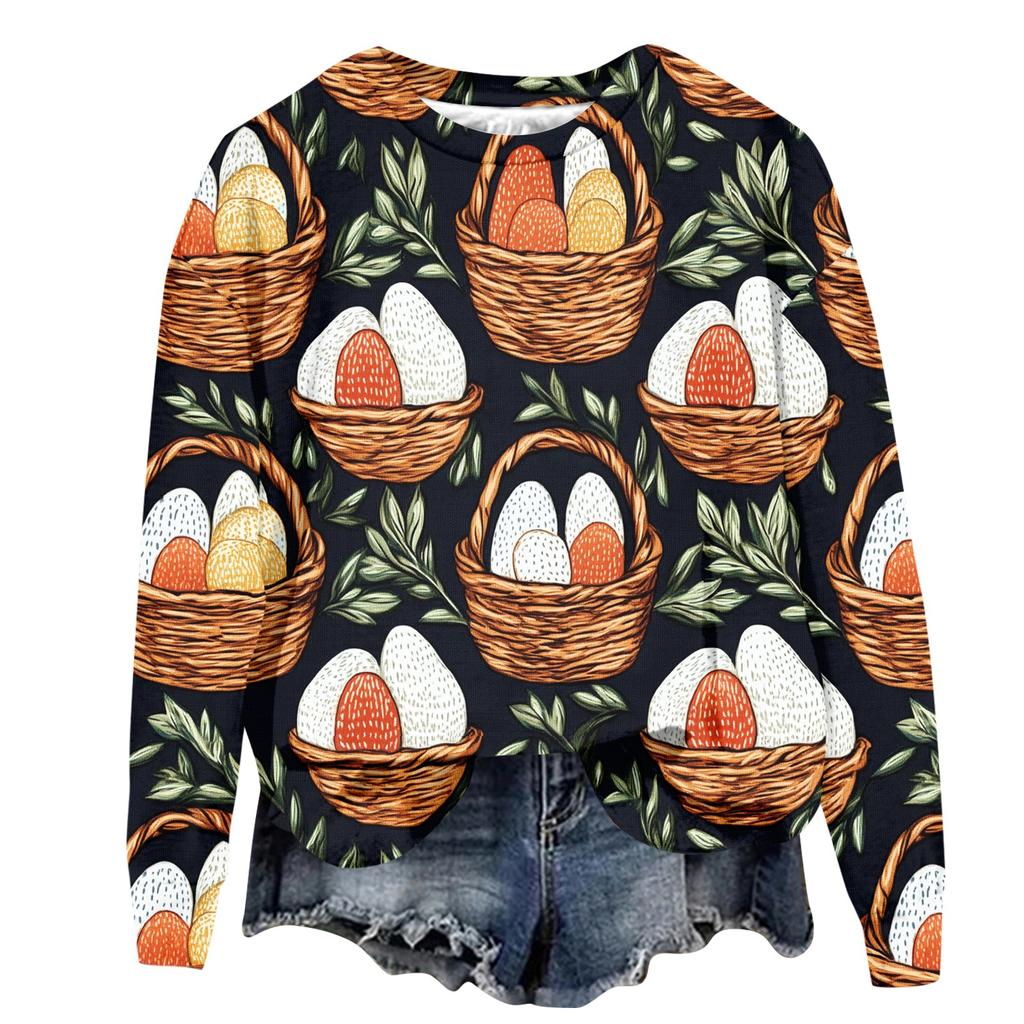 Женская мода Пасха Печатный Длинный рукав Свободный круглый вырез Толстовка Топ