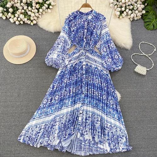 Платья Temperament Lantern Длинные рукава Круглый вырез Тонкий однобортный принтованное платье Элегантные винтажные шикарные женские платья