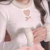 2KWEIRD Y2k Эстетика Сердце Вырез Футболки Повседневные O-образный вырез Бант Пэчворк Приталенные Футболки Женские Пышный рукав Каваи Милые Харадзюку Топы