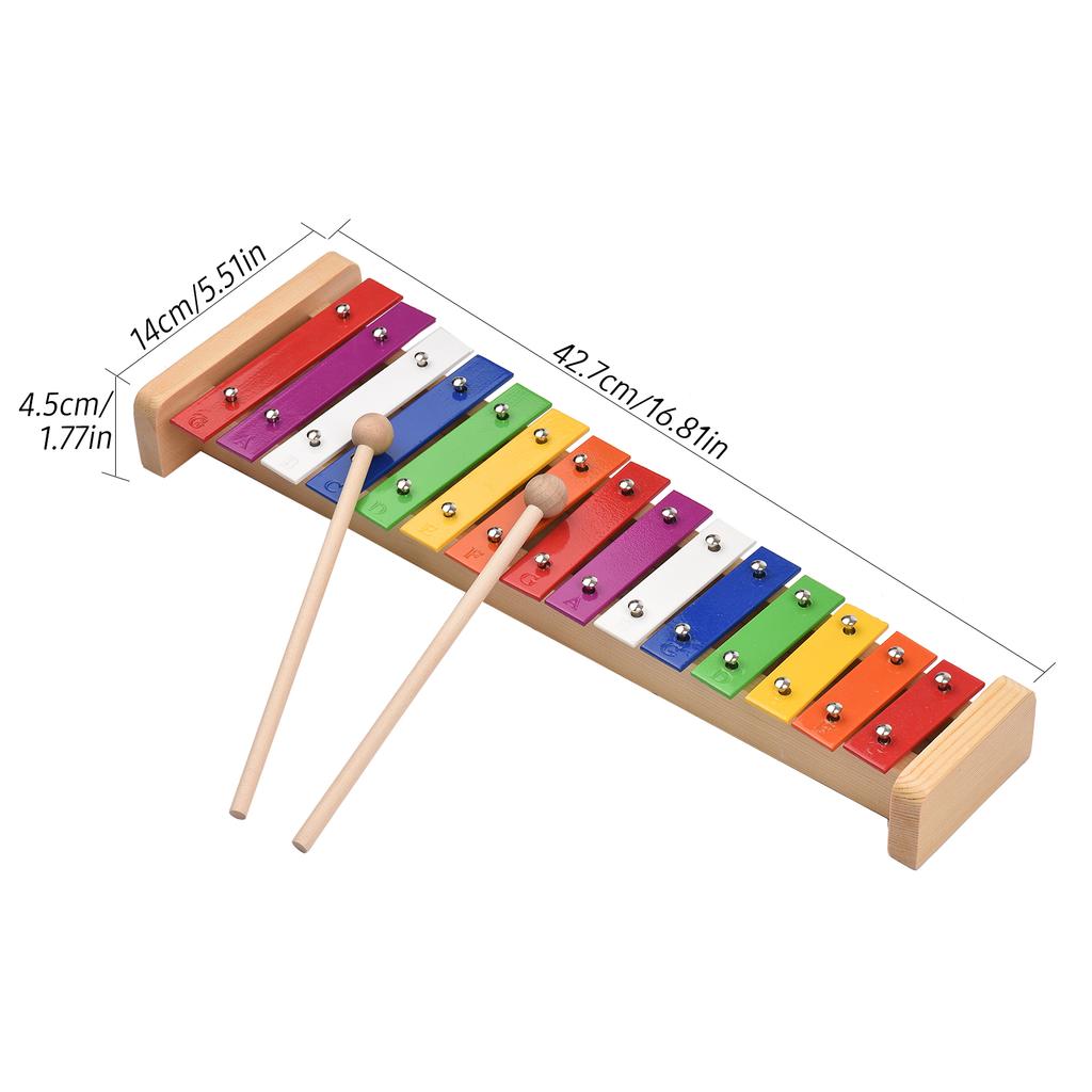 15-нотный ксилофон Glockenspiel на деревянной основе, разноцветные алюминиевые бруски с 2 обучающими молоточками