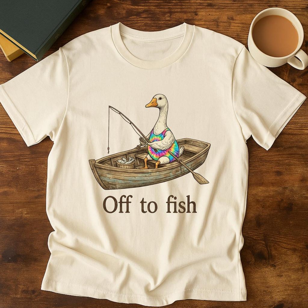 Funny Fishing Goose Shirt, Off to Fish Goose Tee, Tie Dye Goose Fishing Shirt, Vintage Duck Boat Graphic Tee, Fisherman Gift, Lake Life.