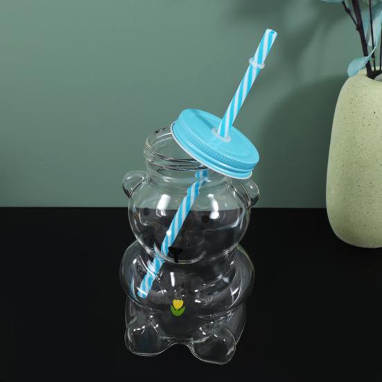 Yousheng Bear Glass Sippy Cup with Leak-Proof Lid Straw Cute Bear Glass Mug for Juice Milk Tea Smoothies Creative Bear-themed Drinkware