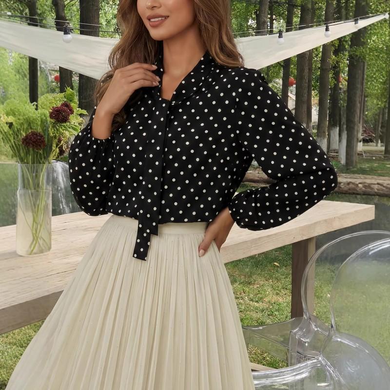 Womens Polka Dot Tie-Neck Blouse 2026 Elegant Long Sleeve Shirt With Lantern Sleeves