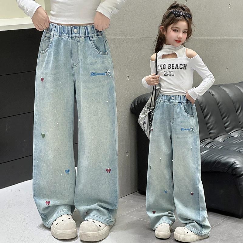 Широкие джинсы для девочек, осенние брюки для детей с вышивкой в виде банта, модные повседневные брюки для школьников и подростков