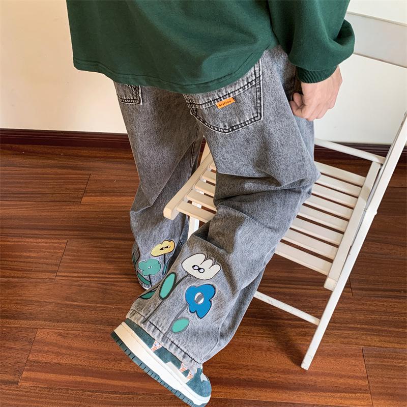 Мужские мешковатые джинсы Y2K с цветочным принтом, уличные американские повседневные джинсовые брюки, прямые брюки Hombre Vintage