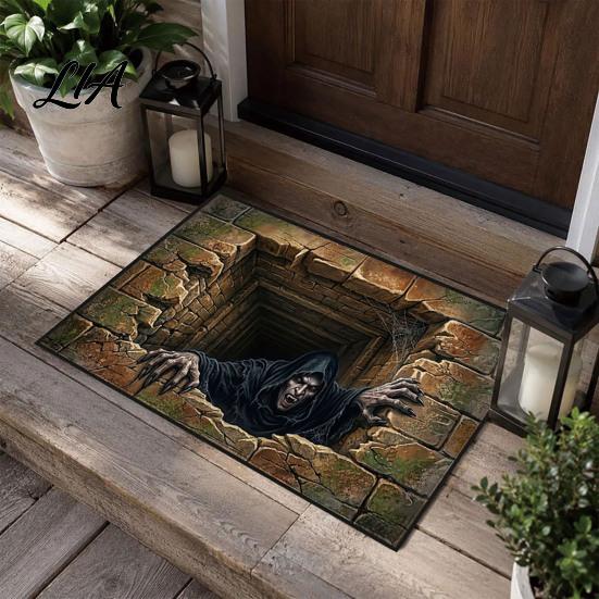 Spooky Skeleton Floor Mat 3D Halloween Entrance Rug, Depth Pattern Practical Party Decoration Non-slip Absorbent Door for Front Bathroom Entryway