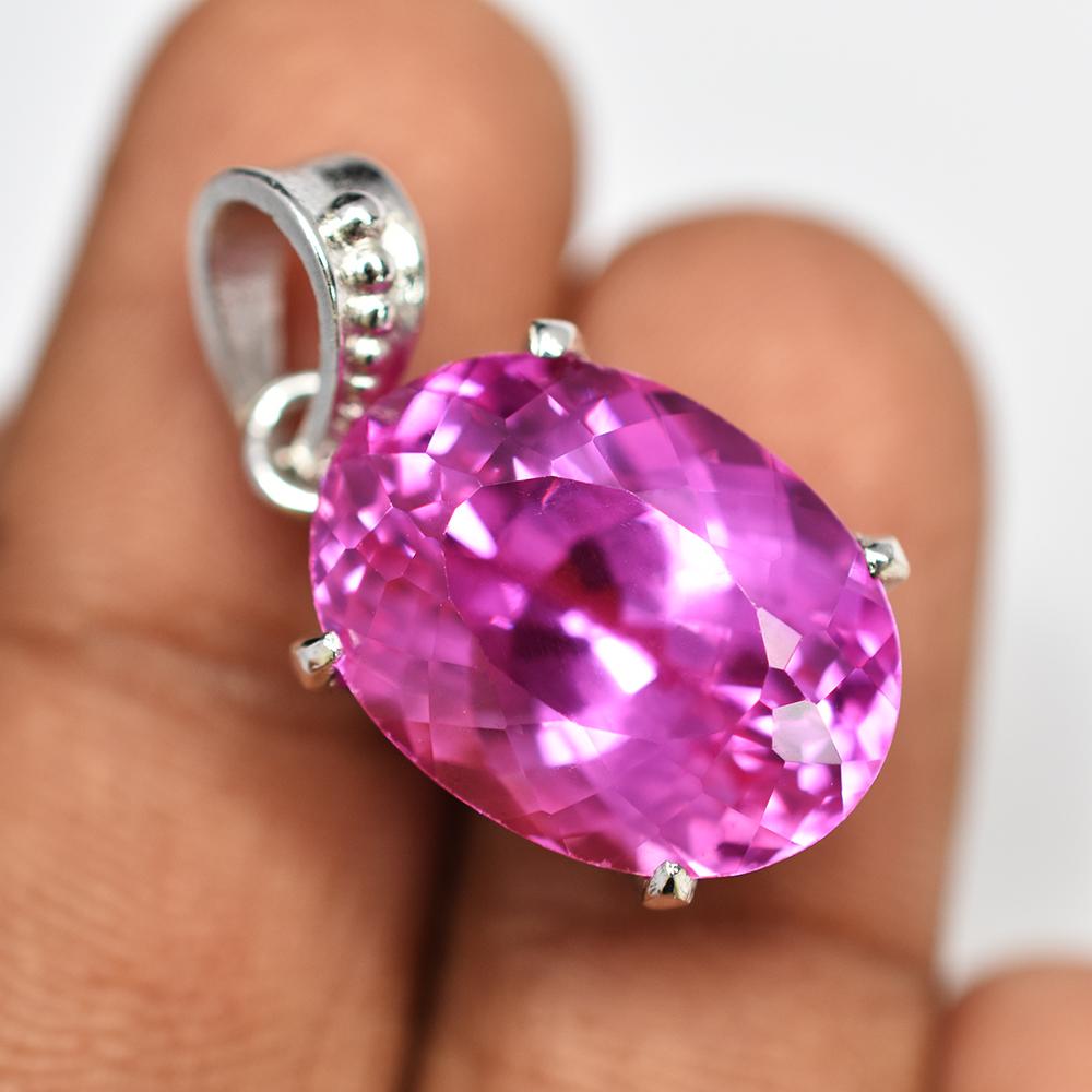 29.55 Ct NATURAL Pink Sapphire 925 CERTIFIED Sterling Silver Oval Shape Pendant MY.PDS-337-NS