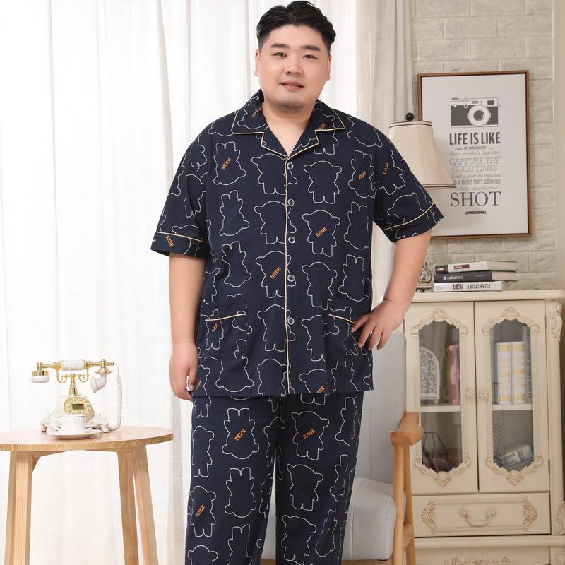 Мужской хлопковый пижамный комплект Mei Ji Yun с лацканами - Короткий рукав, Длинные брюки, Большой размер