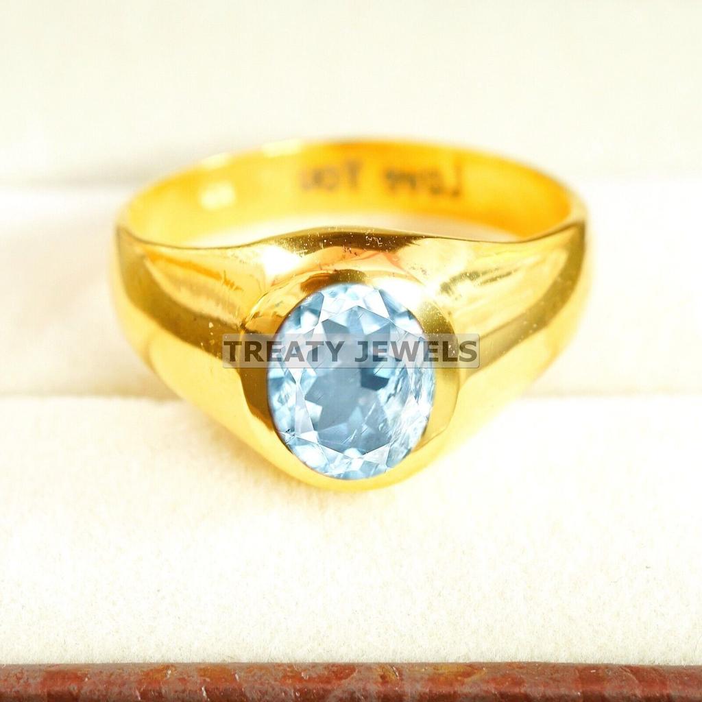 Aquamarine Oval Cut With 925 Sterling Silver Gold Plated Ring For Men's #A753 JL375659095749