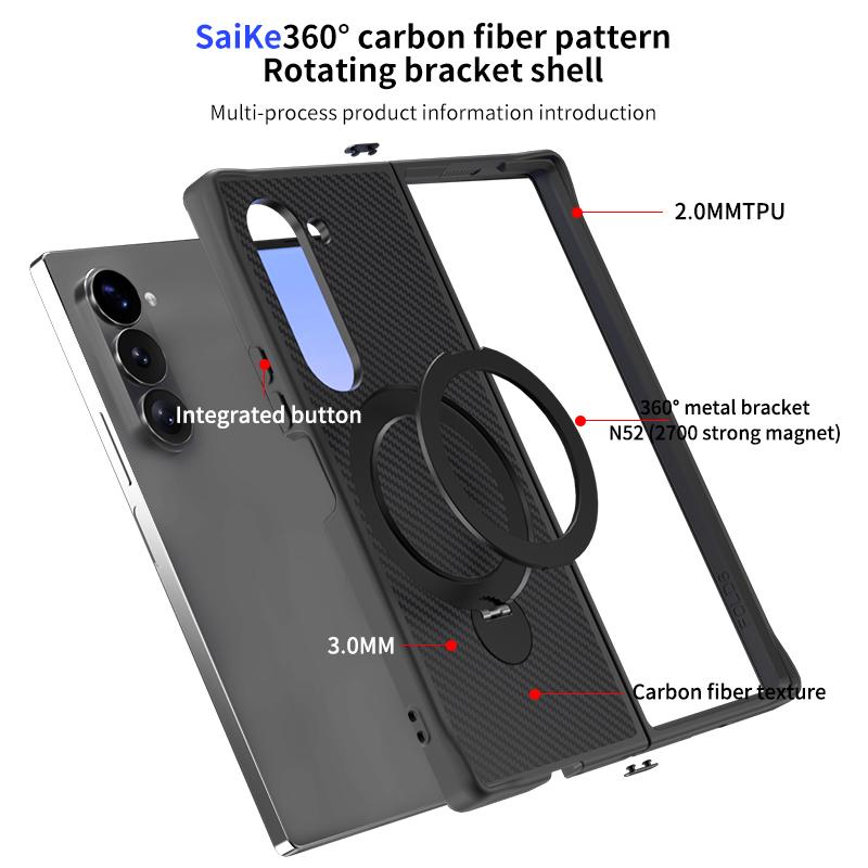 Чехол-держатель для телефона из кожи с вращающимся кольцом из углеродного волокна для Samsung Galaxy Z Fold 6 5 4 Fold6 Fold5 Fold Защитный чехол
