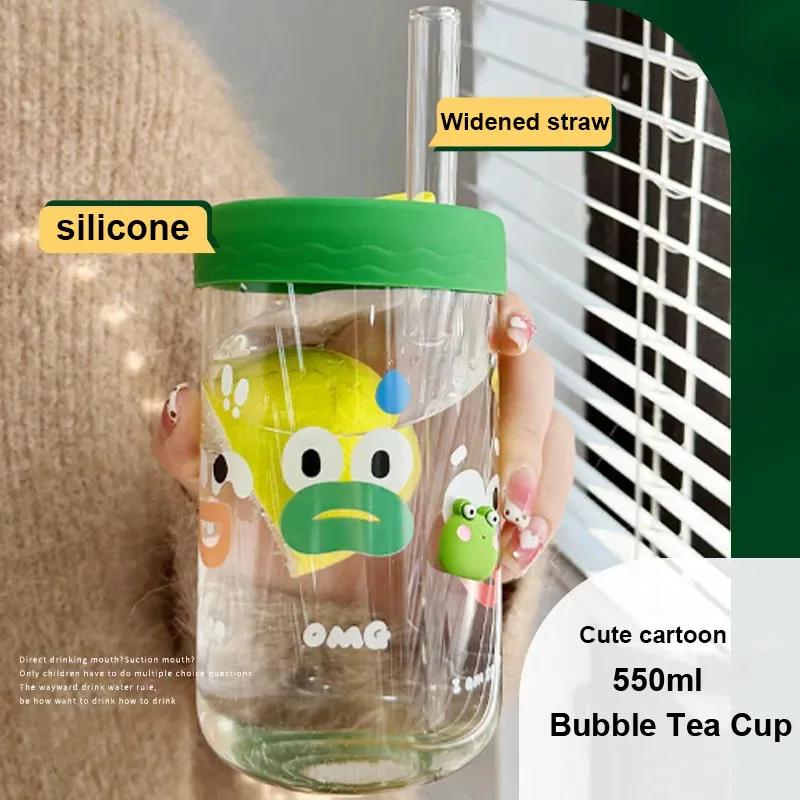 550ml Cute Kawaii Glasses With Lid and Straw Bubble Tea Cup Glass Cups For Coffee Mug Juice Can Milk Mocha Water Cup Drinkware