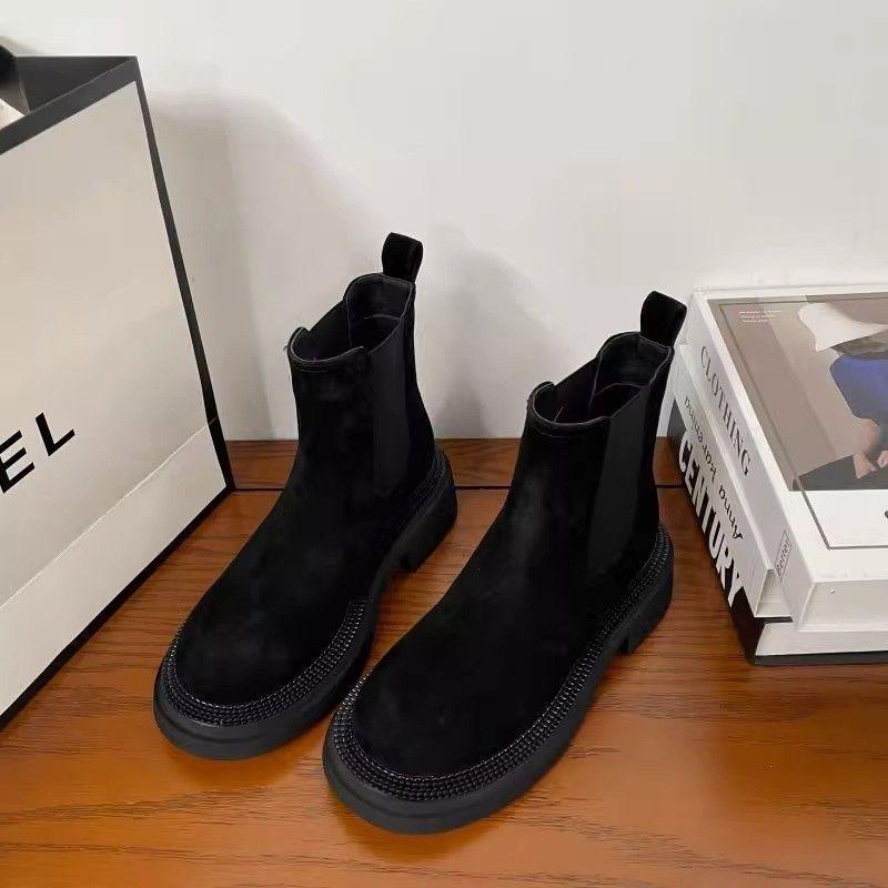 European 2025 A/W Suede Leather Round Toe Chelsea Stacked Heel Ankle Boots for Women