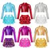 Kids Girls Jazz Dance Performance Costume Shiny Metallic Long Sleeve Crop Top with Skirted Shorts Ballet Gymnastics Outfits