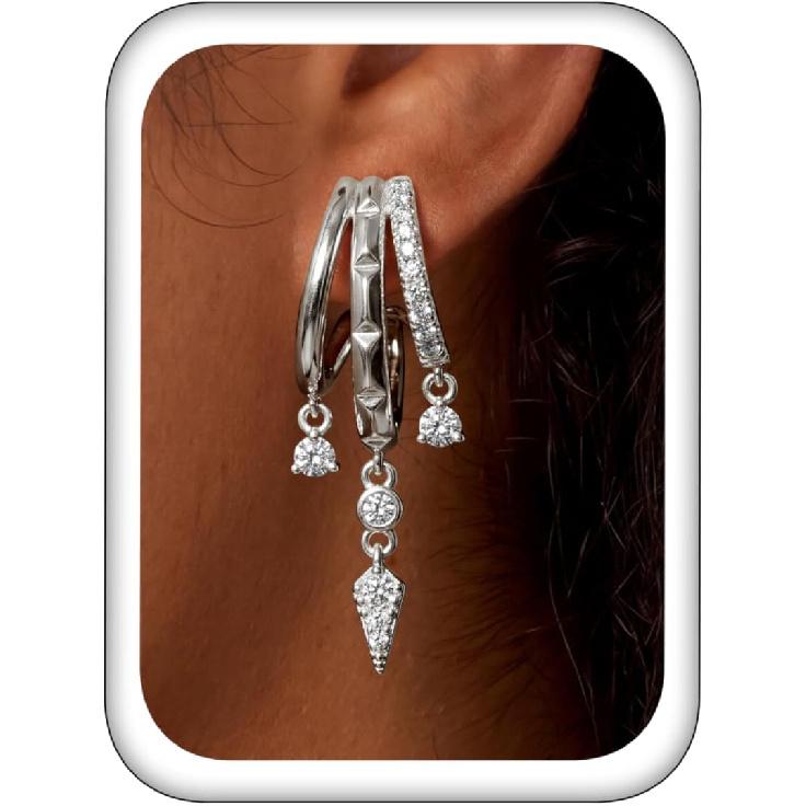 Triple Huggie Stacked Earrings for Women Gold Chain Drop Dangle Earrings Cute Statement CZ Earrings Trendy Dainty Jewelry Gift