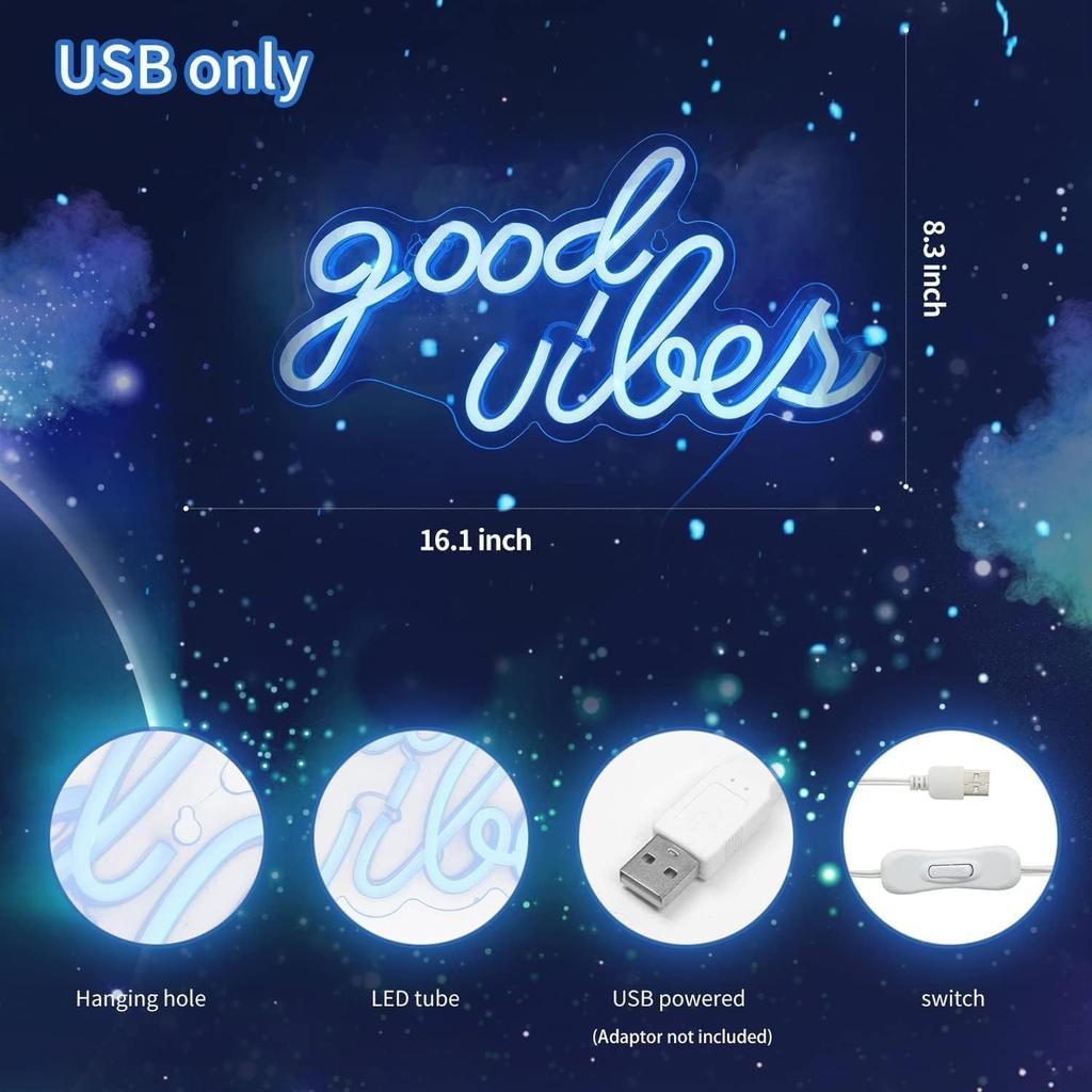 DECANIT Good Vibes Neon Sign for Bedroom Wall Decor Powered by USB Neon Light, Ice Blue Color,16.1"x8.3"x0.6"