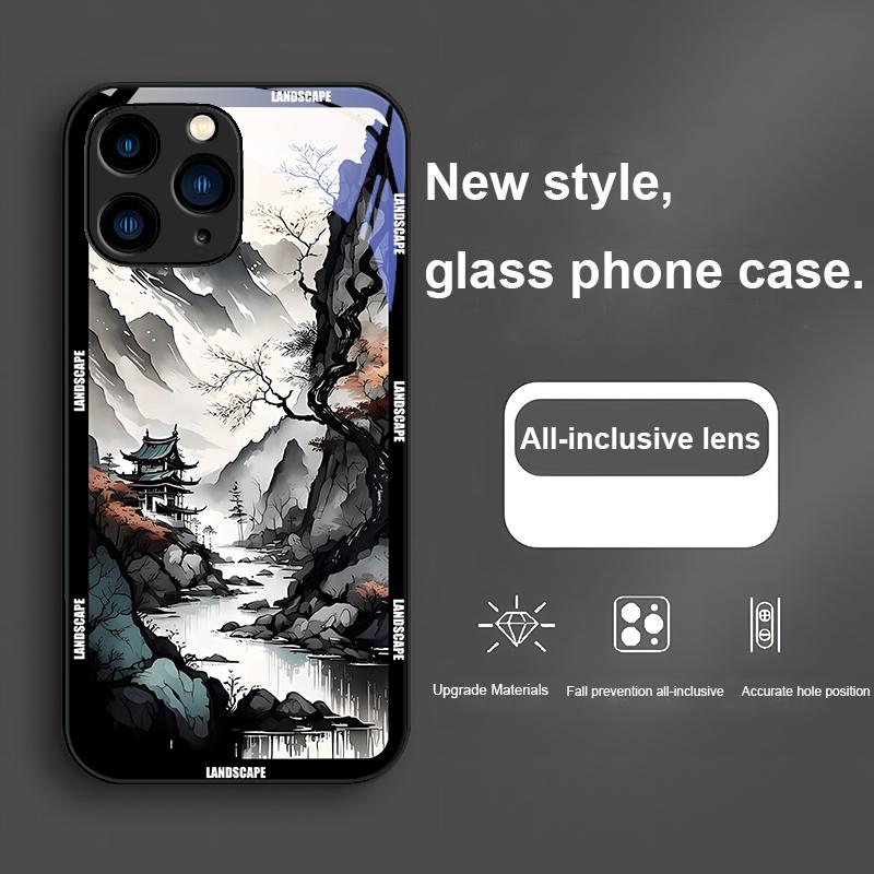 Китайская пейзажная живопись для iPhone 16 Plus 15 14 13 12 Mini 11 Pro Max X XS XR 7 8 Plus 2022 Закаленное стекло Чехол для телефона