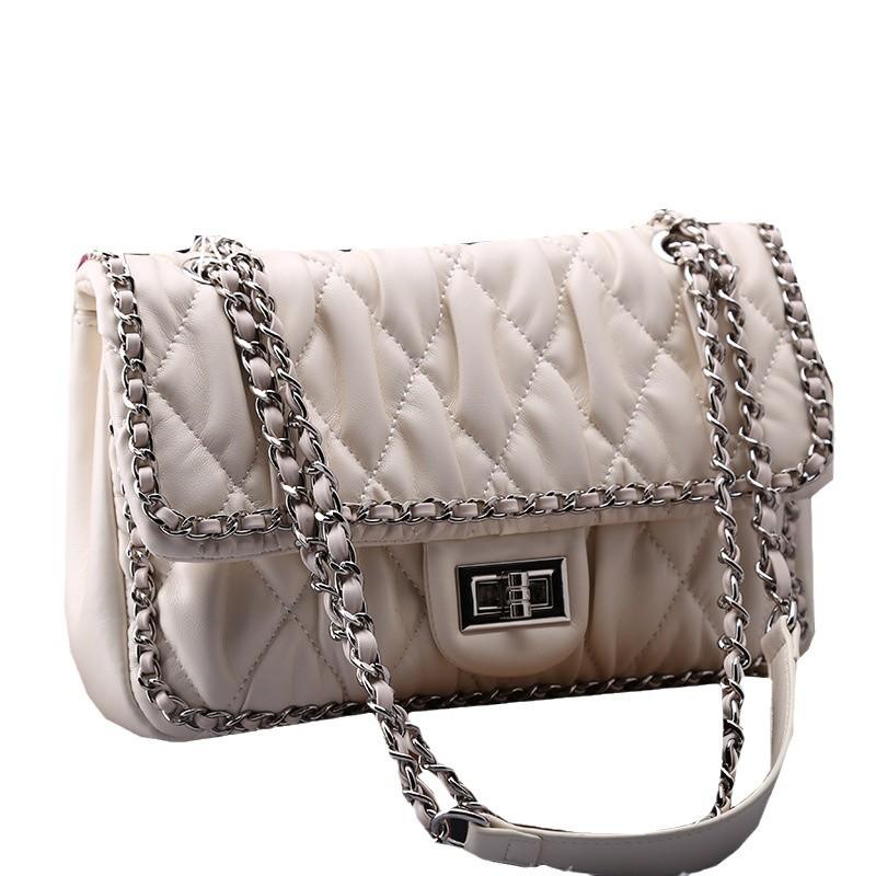 Women's Leather Bag Fashionable Diamond Chain Shoulder Bag Casual Versatile Crossbody Leather Square Bag