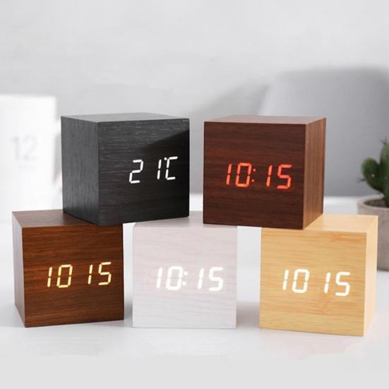 Wooden Sound Control Square LED Digital USB/AAA Electronic Table Alarm Clock
