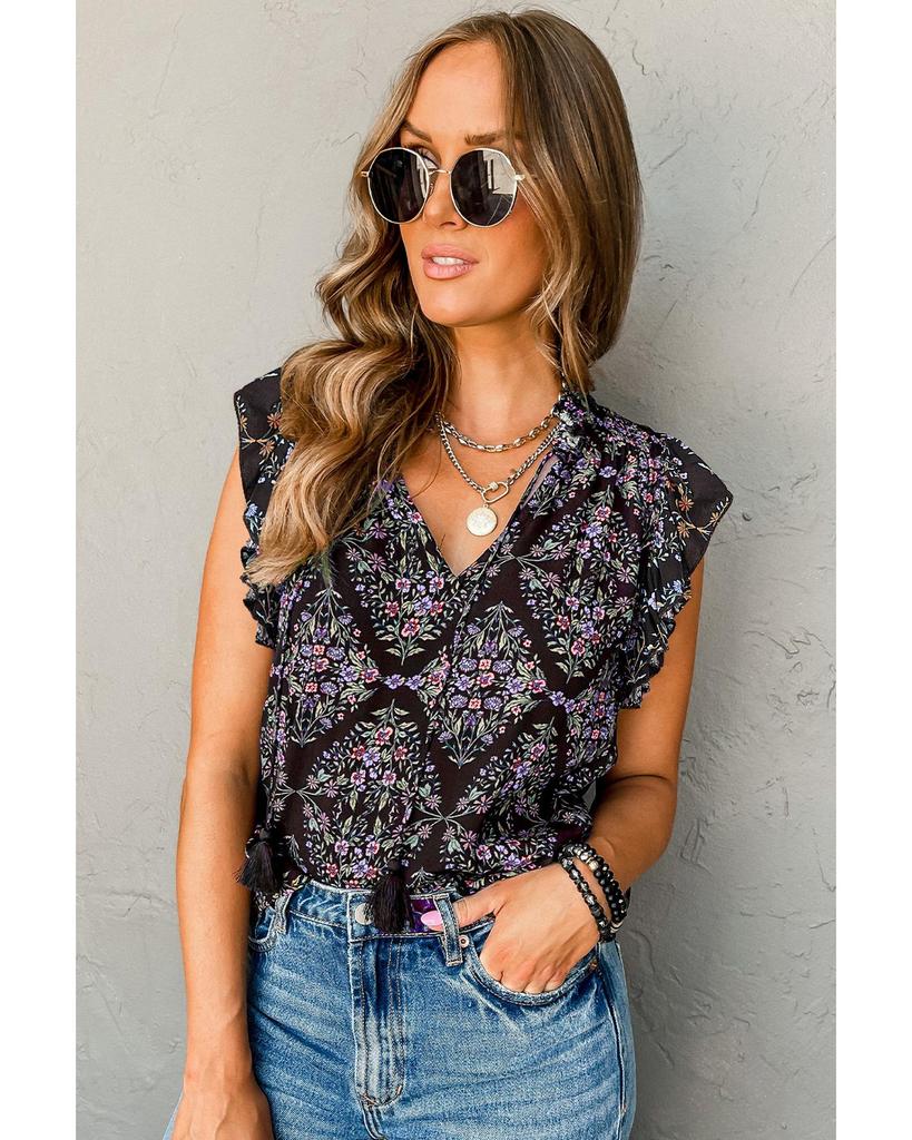 Azura Exchange Черная винтажная блузка с цветочным принтом и оборками на рукавах и V-образным вырезом