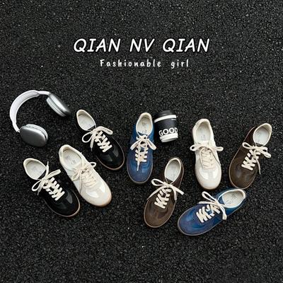 Женские 2025 Натуральная кожа Немецкие тренировочные туфли - Ретро Универсальный колорблок Повседневные белые плоские кеды для скейтборда