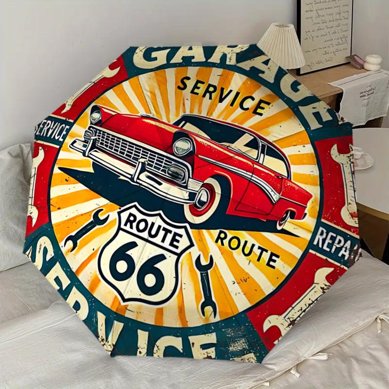 Route 66 Garage Service Repair Wrenches Round Tin Sign - Automatic Opening Umbrella, Portable Folding Design, 8-Bone Iron Frame Outdoor Umbr