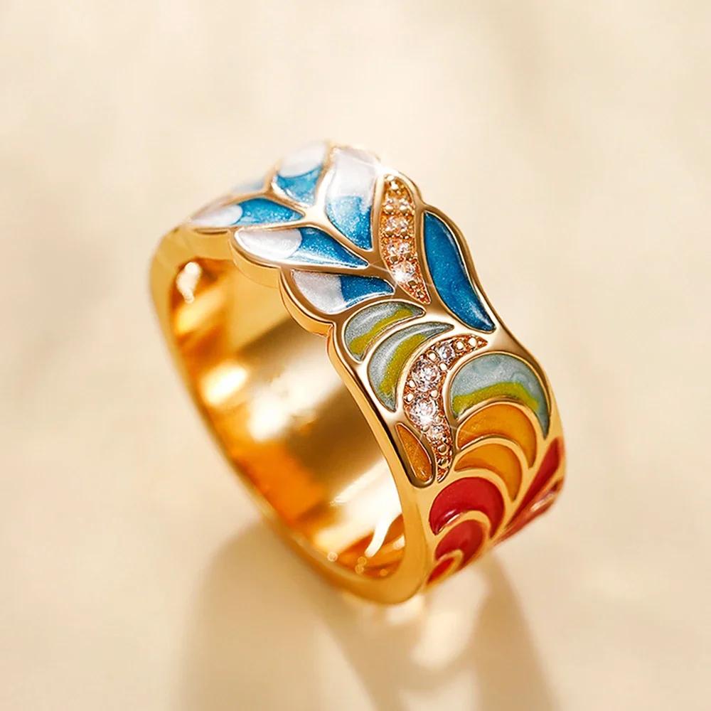 New Newly Designed Colored Enamel Women Rings for Party Aesthetic Pattern Luxury Gold Color Fancy Gift Fashion Jewelry